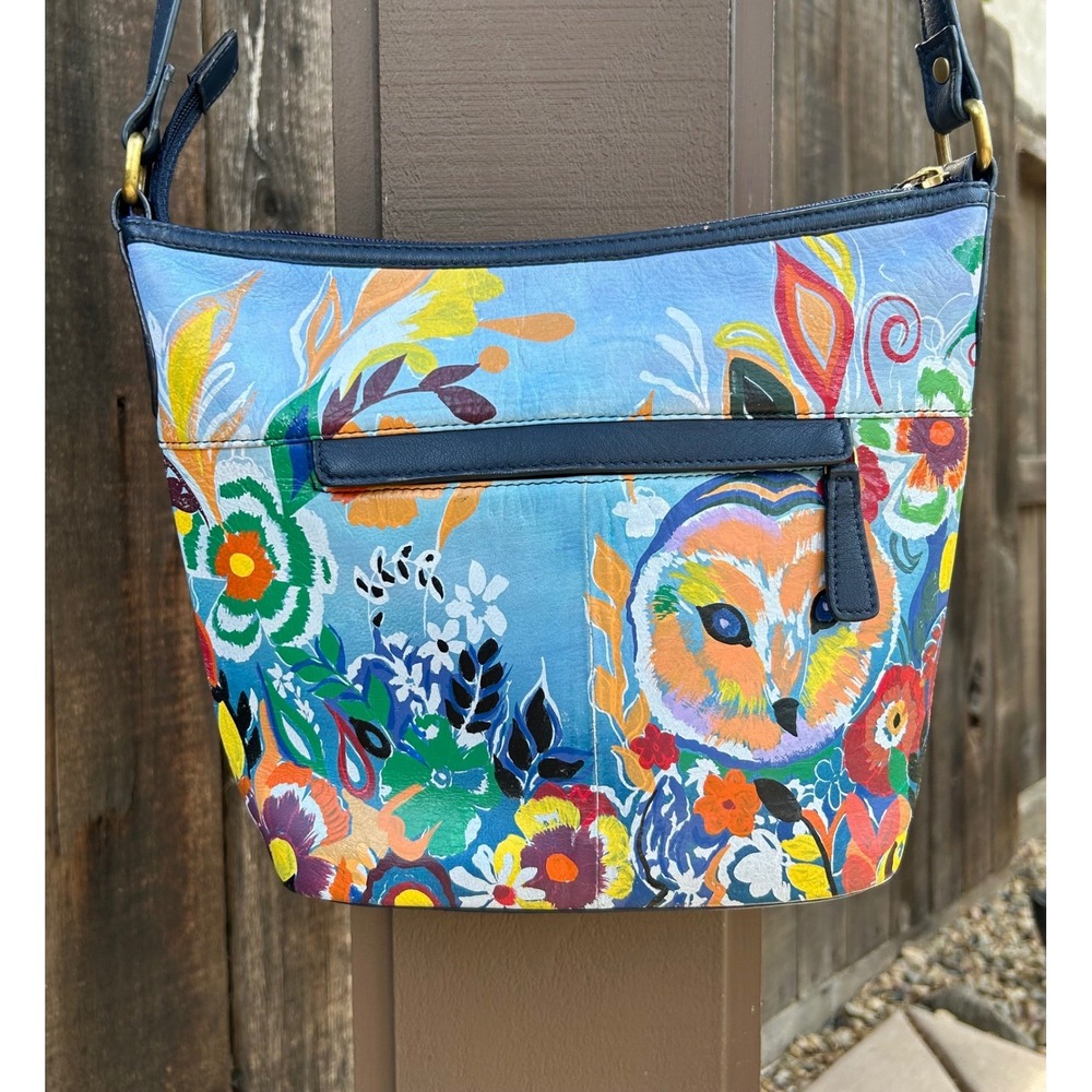 Artistic Expressions by Sharif Hand Painted Leather Owl Crossbody Bag Boho - Picture 4 of 16